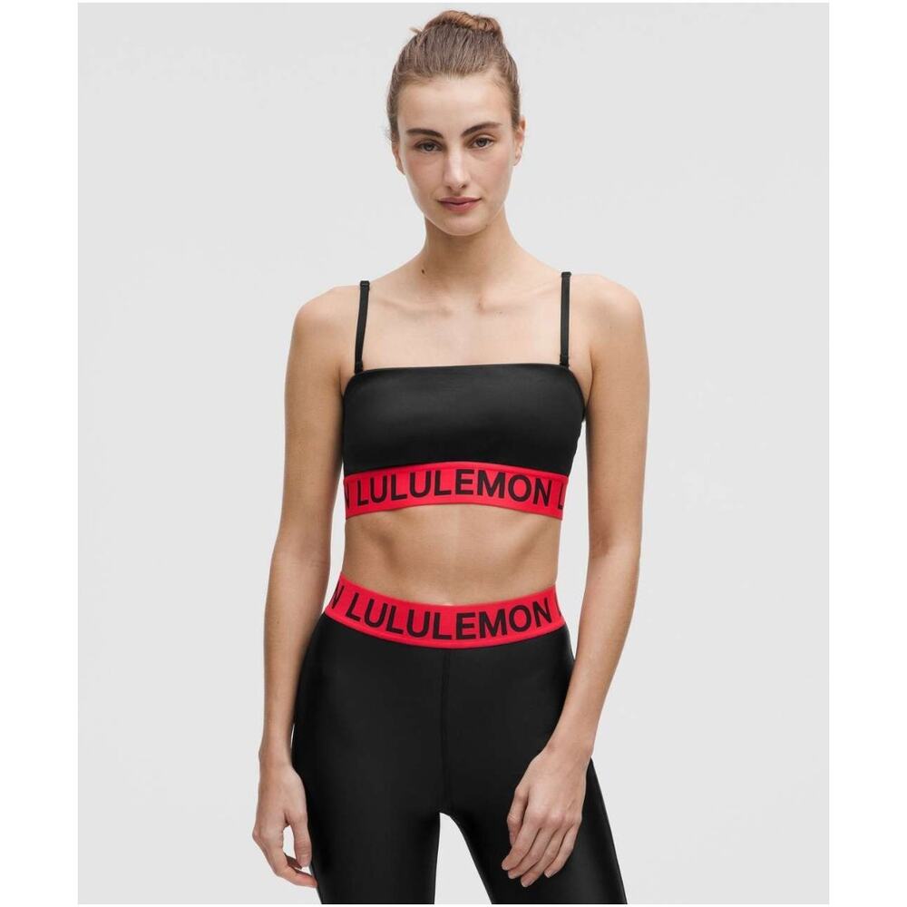 NWT Lululemon Satin Shine Logo Train Bra Black & Red Glow Sports Yoga Gym Sz S
